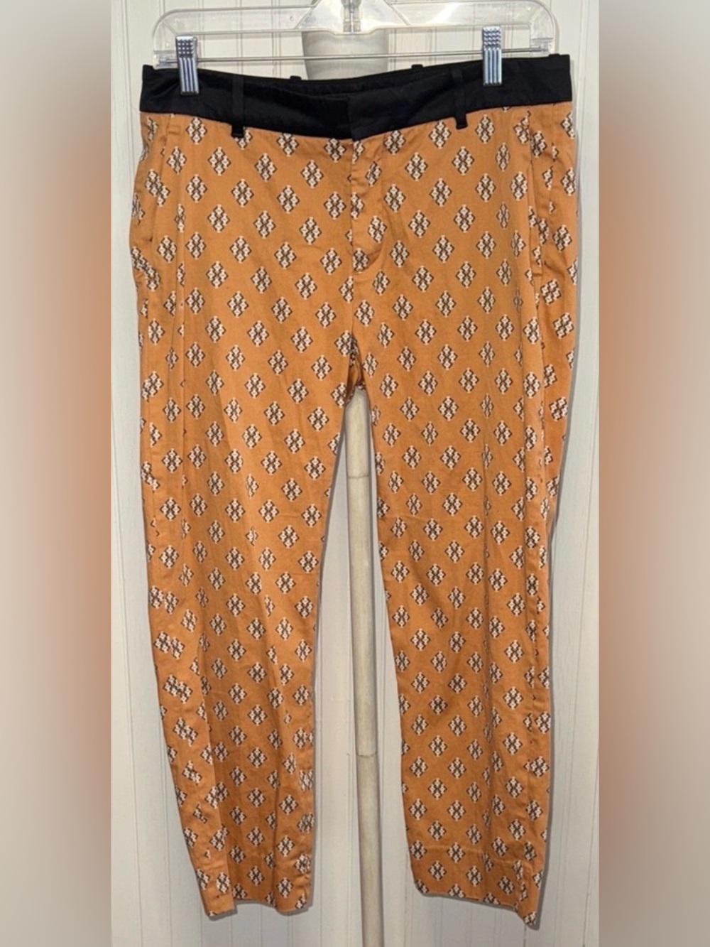 Zara Geometric Print Stretch Trousers Orange Brown Black Waistband Size M